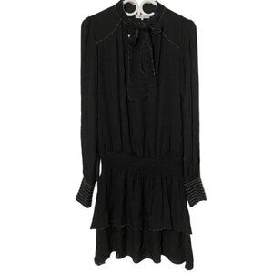 Parker Tie Neck Beaded Long Sleeve Ruffle Silk Dress size S